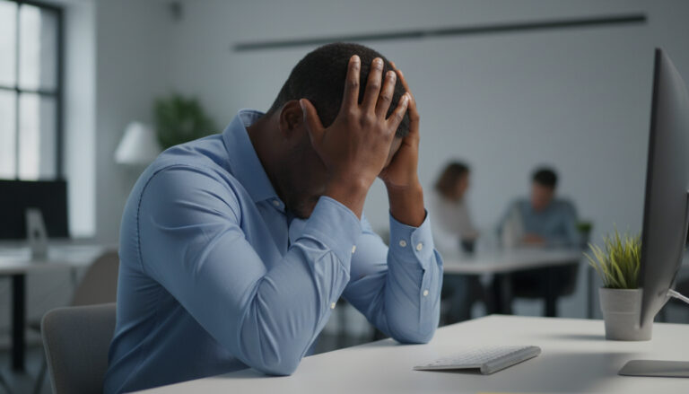 An_African_employee_with_their_head_in_their_hands